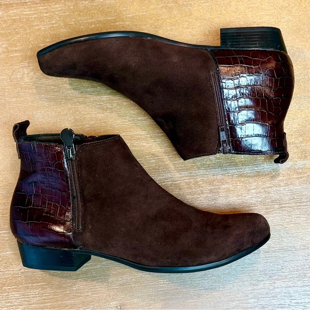 Munro Women’s Lexi Brown Suede/Croco Bootie Comfort Water Resistant Sz 7.5‎